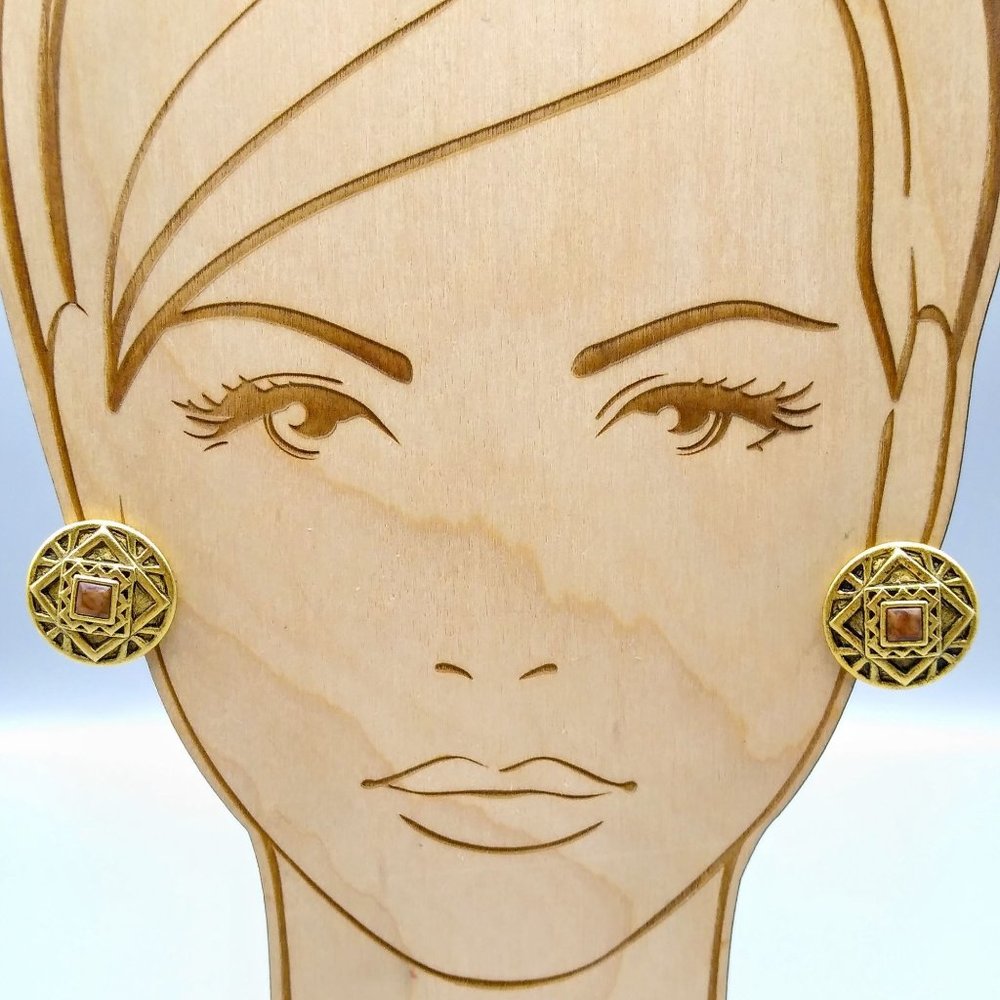 Vintage Chic Medallion Earrings, Gold Tone Egyptian Revival with Brown Centers